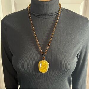 Guanyin Budhisattva Glass Reverse Intaglio Pendant Necklace Brown Black Beads